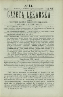 Gazeta Lekarska : pismo tygodniowe poświęcone wszystkim gałęziom umiejętności lekarskiej, farmacyi i weterynaryi 1869 R. 4 T. 7 nr 14