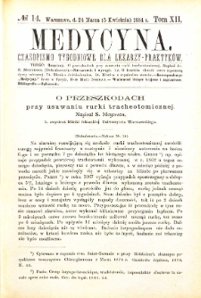 Medycyna czasopismo tygodniowe dla lekarzy praktycznych 1884 T. XII nr 14