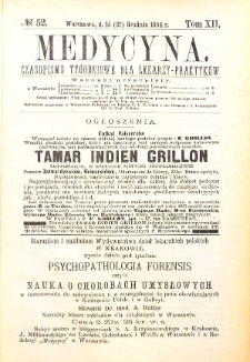 Medycyna czasopismo tygodniowe dla lekarzy praktycznych 1884 T. XII nr 52