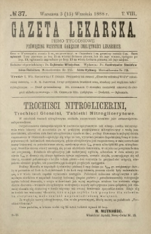 Gazeta Lekarska : pismo tygodniowe poświęcone wszystkim gałęziom umiejętności lekarskich 1888 ; spis treści rocznika XXIII Ser. II R. 23 T. 8 nr 37