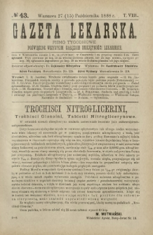 Gazeta Lekarska : pismo tygodniowe poświęcone wszystkim gałęziom umiejętności lekarskich 1888 ; spis treści rocznika XXIII Ser. II R. 23 T. 8 nr 43