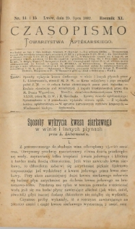 Czasopismo Towarzystwa Aptekarskiego 1882 R.XI nr 14-15