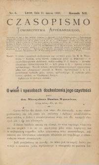 Czasopismo Towarzystwa Aptekarskiego 1883 R.XII nr 6