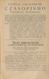 Czasopismo Towarzystwa Aptekarskiego 1884 R.XIII nr 15