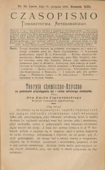 Czasopismo Towarzystwa Aptekarskiego 1884 R.XIII nr 16