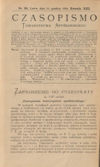 Czasopismo Towarzystwa Aptekarskiego 1884 R.XIII nr 24