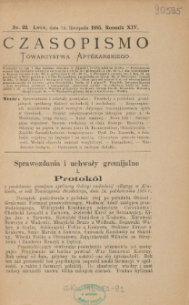 Czasopismo Towarzystwa Aptekarskiego 1885 R.XIV nr 22