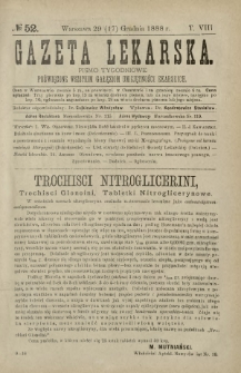 Gazeta Lekarska : pismo tygodniowe poświęcone wszystkim gałęziom umiejętności lekarskich 1888 ; spis treści rocznika XXIII Ser. II R. 23 T. 8 nr 52