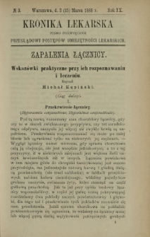 Kronika Lekarska : pismo poświęcone przeglądowi postęp&oacute;w umiejętności lekarskich 1888 R. 9 nr 3