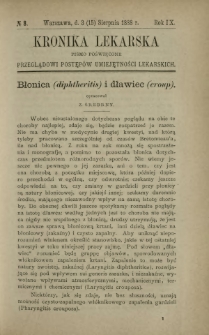 Kronika Lekarska : pismo poświęcone przeglądowi postęp&oacute;w umiejętności lekarskich 1888 R. 9 nr 8
