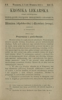 Kronika Lekarska : pismo poświęcone przeglądowi postęp&oacute;w umiejętności lekarskich 1888 R. 9 nr 9