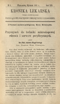 Kronika Lekarska : pismo poświęcone przeglądowi postęp&oacute;w umiejętności lekarskich 1891 R. 12 nr 1