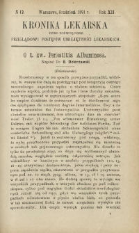 Kronika Lekarska : pismo poświęcone przeglądowi postęp&oacute;w umiejętności lekarskich 1891 R. 12 nr 12