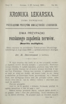 Kronika Lekarska : pismo poświęcone przeglądowi postęp&oacute;w umiejętności lekarskich 1898 R. 19 z. 12
