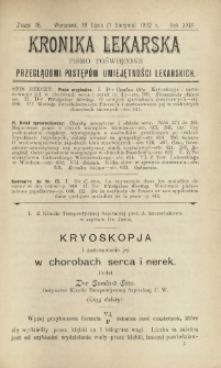 Kronika Lekarska : pismo poświęcone przeglądowi postęp&oacute;w umiejętności lekarskich 1902 R. 23 nr 15