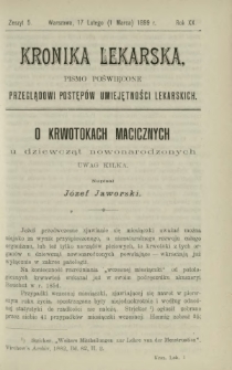 Kronika Lekarska : pismo poświęcone przeglądowi postęp&oacute;w umiejętności lekarskich 1899 R. 20 z. 5
