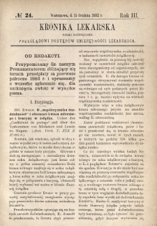 Kronika Lekarska : pismo poświęcone przeglądowi postęp&oacute;w umiejętności lekarskich 1882 R. 3 nr 24