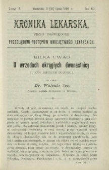 Kronika Lekarska : pismo poświęcone przeglądowi postęp&oacute;w umiejętności lekarskich 1899 R. 20 z. 14