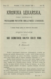 Kronika Lekarska : pismo poświęcone przeglądowi postęp&oacute;w umiejętności lekarskich 1899 R. 20 z. 22