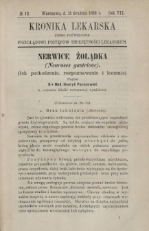 Kronika Lekarska : pismo poświęcone przeglądowi postęp&oacute;w umiejętności lekarskich 1886 R. 7 nr 12