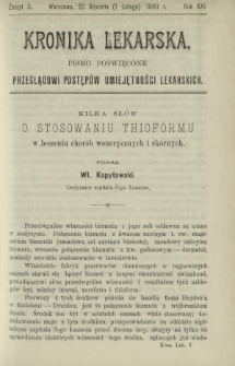 Kronika Lekarska : pismo poświęcone przeglądowi postęp&oacute;w umiejętności lekarskich 1900 R. 21 z. 3