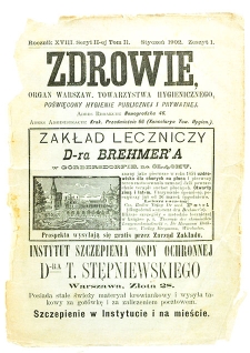 Zdrowie : miesięcznik poświęcony hygienie publicznej i prywatnej 1902 T. 18 nr 1