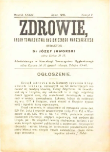 Zdrowie : miesięcznik poświęcony hygienie publicznej i prywatnej 1918 T. 34 nr 7