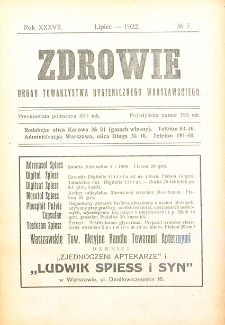 Zdrowie: miesięcznik poświęcony hygienie publicznej i prywatnej 1922. T. 37 Nr 7