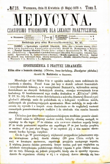 Medycyna czasopismo tygodniowe dla lekarzy praktycznych. 1873 T. I nr 18