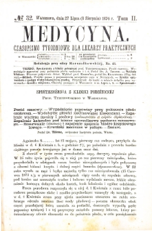 Medycyna czasopismo tygodniowe dla lekarzy praktycznych. 1874 T. II nr 32