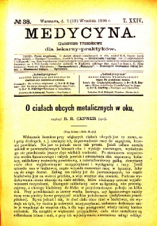 Medycyna czasopismo tygodniowe dla lekarzy praktycznych 1896 T. XXIV nr 38