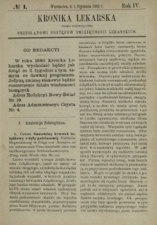Kronika Lekarska : pismo poświęcone przeglądowi postęp&oacute;w umiejętności lekarskich 1883 R. 4 nr 1