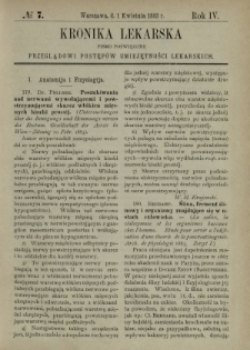 Kronika Lekarska : pismo poświęcone przeglądowi postęp&oacute;w umiejętności lekarskich 1883 R. 4 nr 7