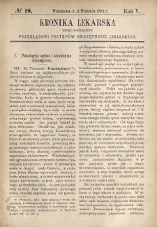 Kronika Lekarska : pismo poświęcone przeglądowi postęp&oacute;w umiejętności lekarskich 1884 R. 5 nr 18