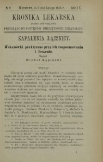 Kronika Lekarska : pismo poświęcone przeglądowi postęp&oacute;w umiejętności lekarskich 1888 R. 9 nr 2