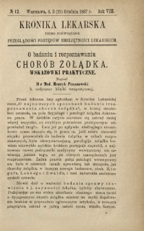 Kronika Lekarska : pismo poświęcone przeglądowi postęp&oacute;w umiejętności lekarskich 1887 R. 7 nr 12
