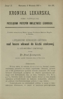 Kronika Lekarska : pismo poświęcone przeglądowi postęp&oacute;w umiejętności lekarskich 1895 R. 16 z. 12