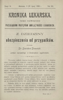Kronika Lekarska : pismo poświęcone przeglądowi postęp&oacute;w umiejętności lekarskich 1898 R. 19 z. 14