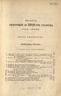 Kronika Lekarska : pismo poświęcone przeglądowi postęp&oacute;w umiejętności lekarskich 1902 ; spis treści rocznika XXIII
