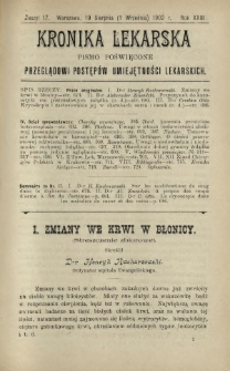 Kronika Lekarska : pismo poświęcone przeglądowi postęp&oacute;w umiejętności lekarskich 1902 R. 23 nr 17