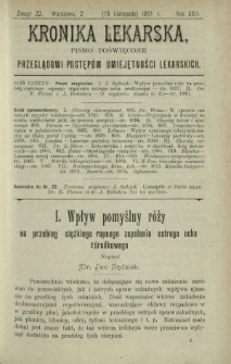 Kronika Lekarska : pismo poświęcone przeglądowi postęp&oacute;w umiejętności lekarskich 1901 R. 22 z. 22