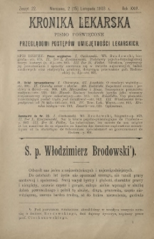 Kronika Lekarska : pismo poświęcone przeglądowi postęp&oacute;w umiejętności lekarskich 1903 R. 24 z. 22