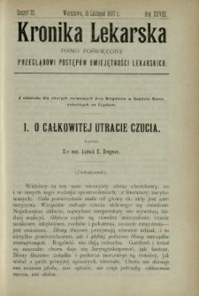 Kronika Lekarska : pismo poświęcone przeglądowi postęp&oacute;w umiejętności lekarskich 1907 R. 28 z. 22