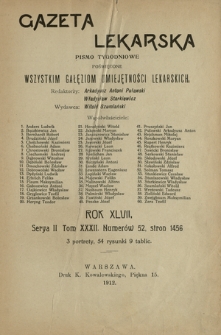 Gazeta Lekarska : pismo tygodniowe poświęcone wszystkim gałęziom umiejętności lekarskich 1912 ; spis treści rocznika XLVII