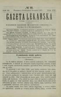 Gazeta Lekarska : pismo tygodniowe poświęcone wszystkim gałęziom umiejętności lekarskich, farmacyi i weterynaryi 1876 R. 11 T. 21 nr 11
