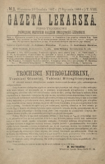 Gazeta Lekarska : pismo tygodniowe poświęcone wszystkim gałęziom umiejętności lekarskich 1888 ; spis treści rocznika XXIII Ser. II R. 23 T. 8 nr 1