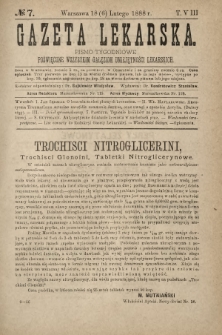 Gazeta Lekarska : pismo tygodniowe poświęcone wszystkim gałęziom umiejętności lekarskich 1888 ; spis treści rocznika XXIII Ser. II R. 23 T. 8 nr 7